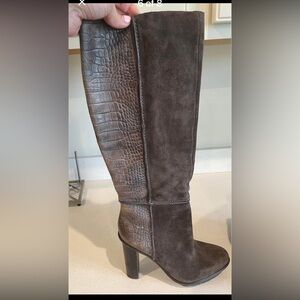 BCBG Brown Suede and Croc-Embossed Leather Boots